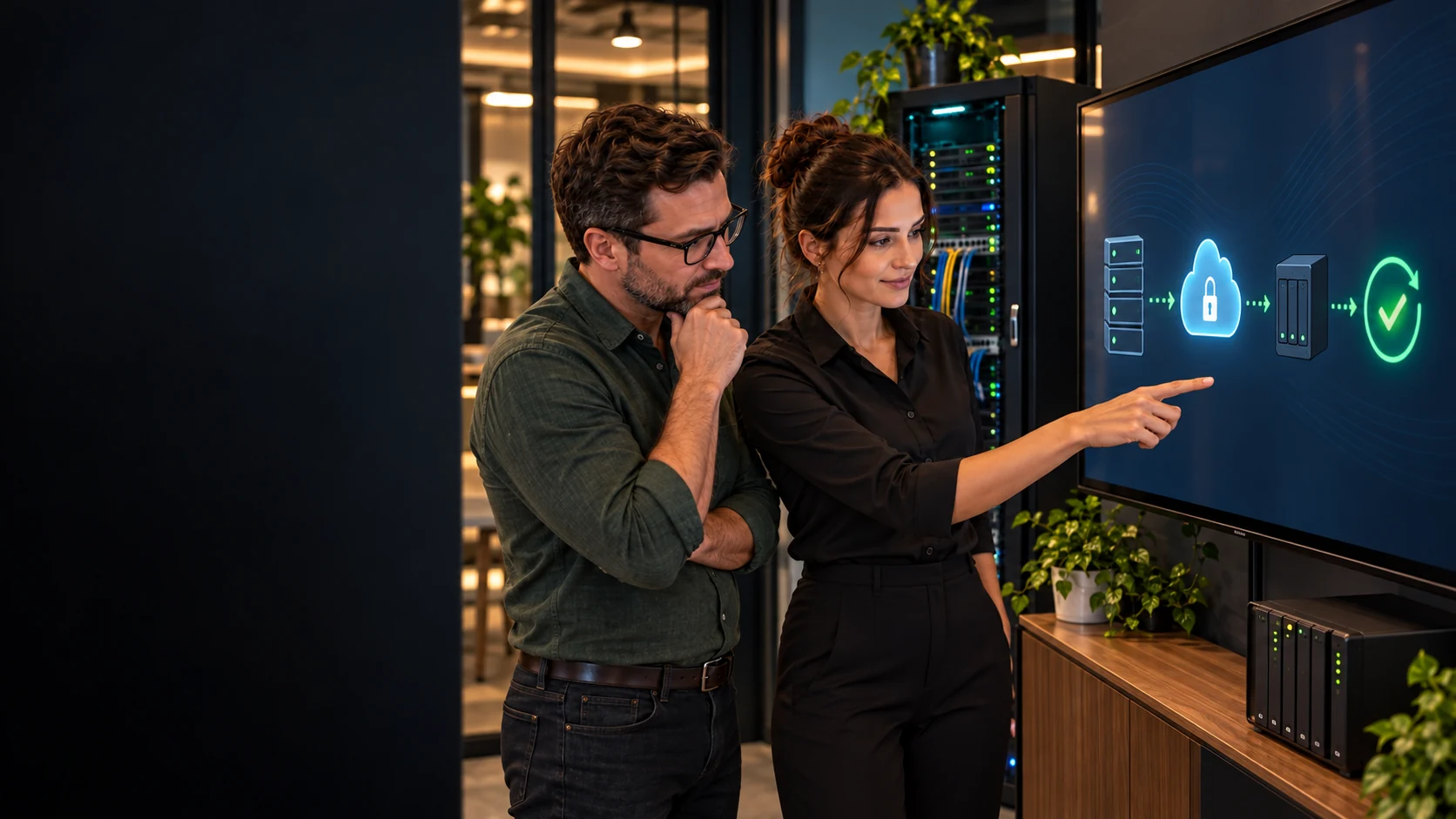 Scenariu ilustrativ: o angajată și un manager verifică pe un monitor separat traseul de la server la copia din cloud și restaurarea confirmată