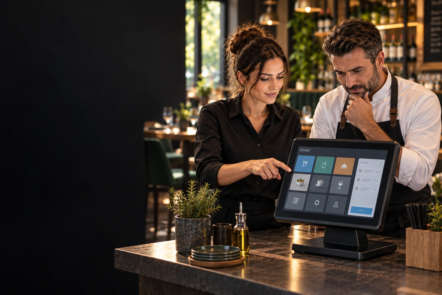 Scenă ilustrativă într-un restaurant: o consultantă și managerul privesc împreună partea frontală a unui POS fix cu interfață demonstrativă