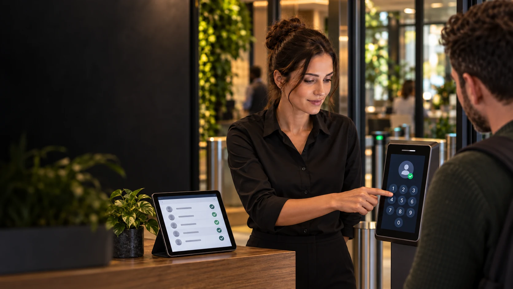 Scenă ilustrativă: aceeași angajată apropie mâna de un terminal pentru a introduce PIN-ul de pontaj