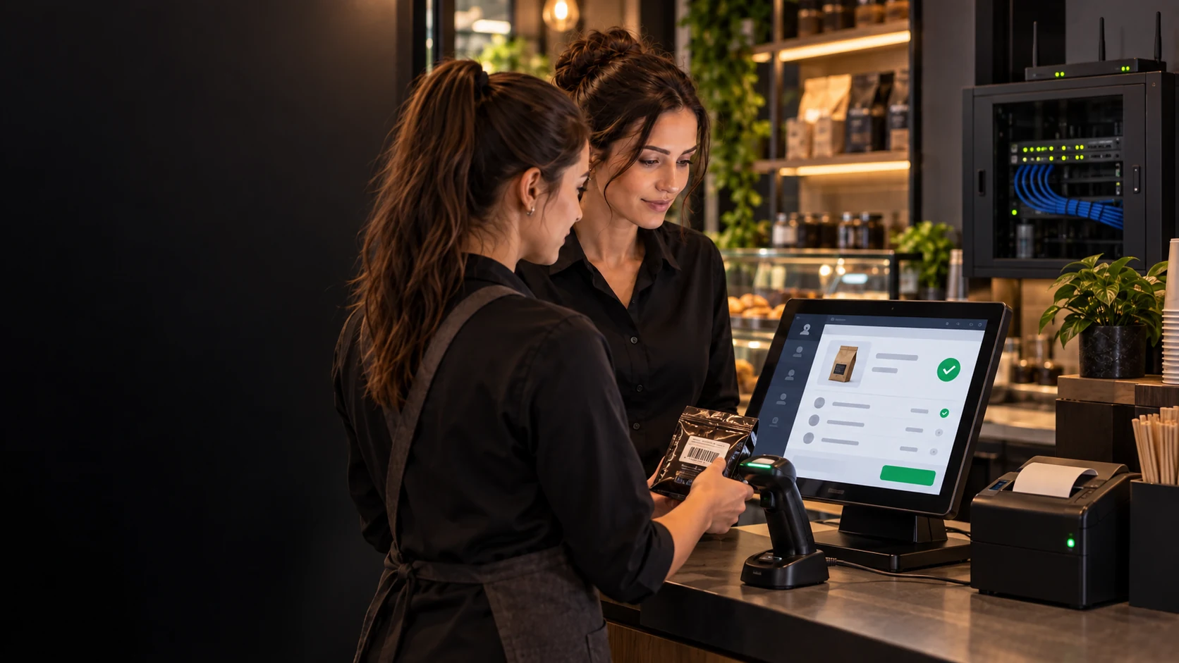Scenariu ilustrativ: două angajate verifică scanarea unui produs și rezultatul în aplicația POS pe echipamente conectate