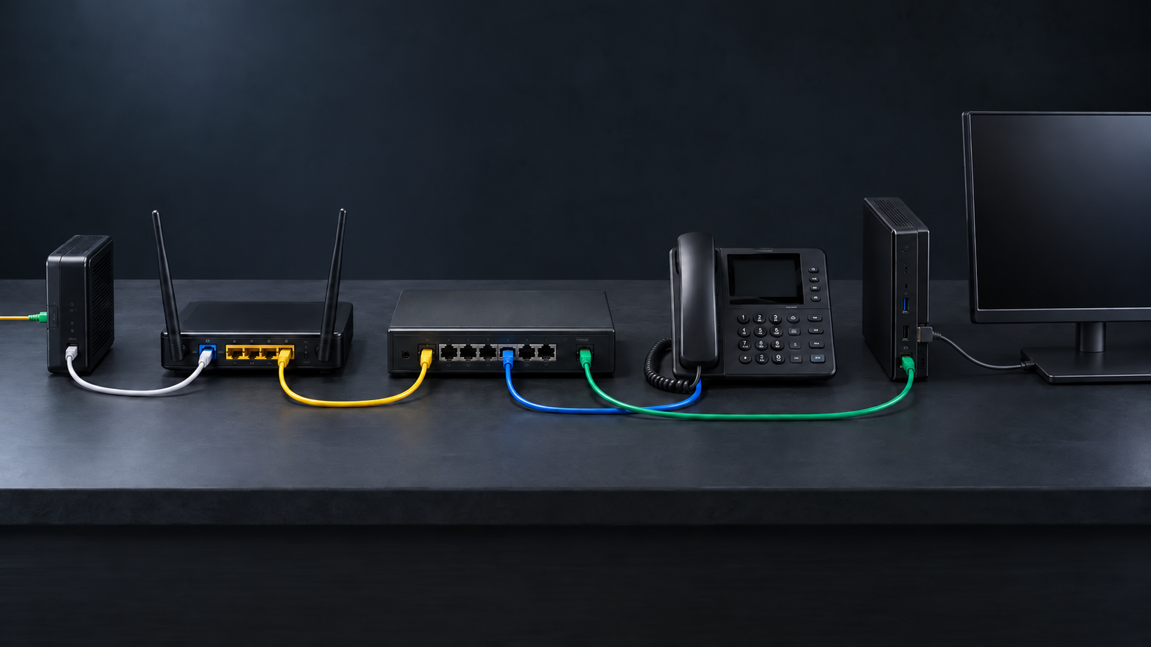 Scenă ilustrativă cu ONT, router, switch, telefon IP și calculator. Cablul alb leagă ONT-ul de portul WAN al routerului; cablul galben leagă routerul de switch; cablurile albastru și verde merg separat la telefon și calculator.